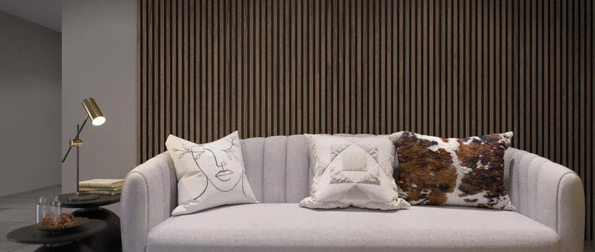 Walnut Acoustic Wood Slat Wall Panel in living room interior DecorMania UK